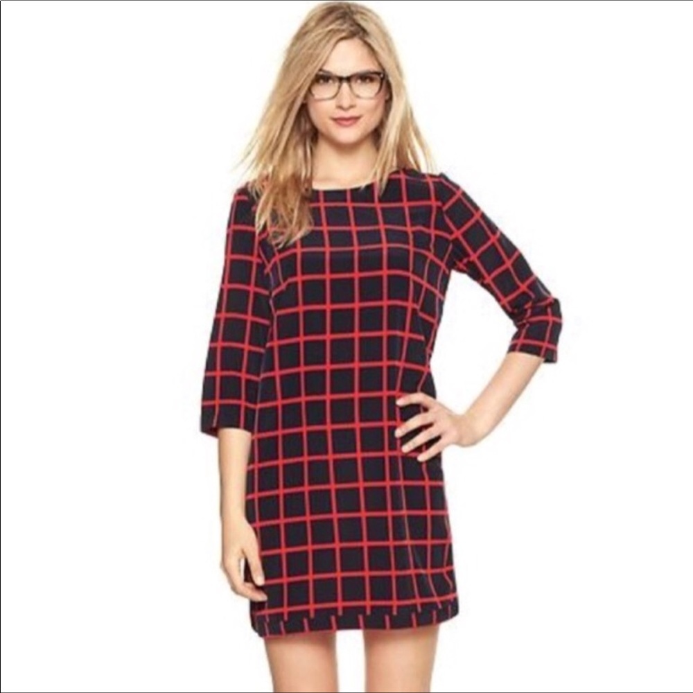 Gap modern windowpane print dress in navy and red.